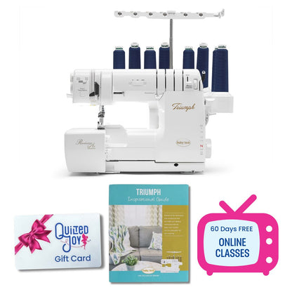 The Baby Lock Triumph Serger Machine includes blue thread spools, a Quilted Joy gift card, Triumph Inspirational Guide, pink 60-day online classes icon, Black Friday Bonus Bundle, and RevolutionAir threading by Baby Lock.