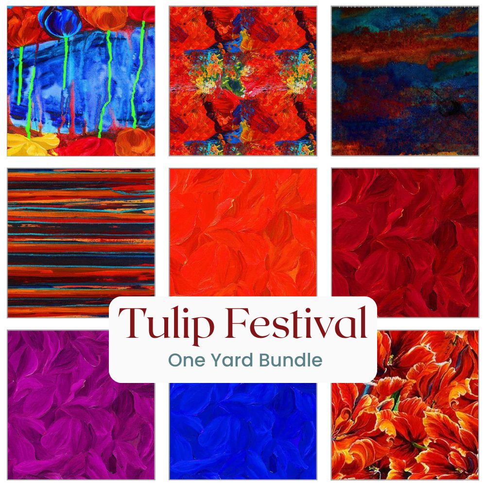 A grid of nine vibrant abstract tulip patterns in bold reds, oranges, blues, and purples. Center text: Tulip Festival One Yard Bundle - PRESALE by Quilted Joy—ideal for your next quilting project.