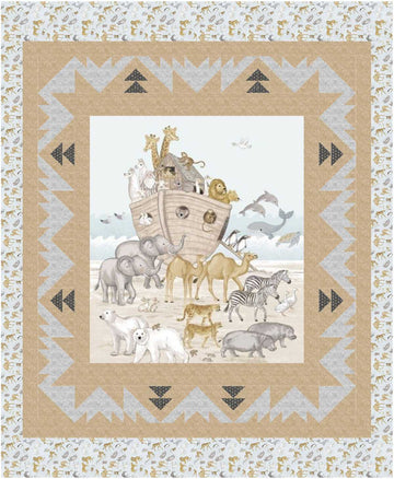 Noah's Ark illustration with animals on a quilt with geometric border