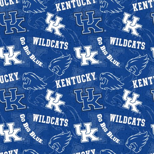 The University of Kentucky Blue Tone on Tone Fabric Yardage by Sykel Enterprises features UK logos, wildcat heads, and KENTUCKY, WILDCATS, GO BIG BLUE text on blue—ideal for NCAA and Wildcats fabric projects.