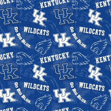 The University of Kentucky Blue Tone on Tone Fabric Yardage by Sykel Enterprises features UK logos, wildcat heads, and KENTUCKY, WILDCATS, GO BIG BLUE text on blue—ideal for NCAA and Wildcats fabric projects.