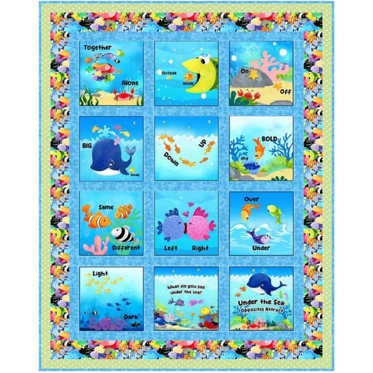 The Quilted Joy Under the Sea Storybook Quilt Kit features a colorful ocean-themed quilt with 12 squares showing cartoon sea animals and opposite word pairs, bordered by fish patterns—perfect for nurseries or as a playful learning project.