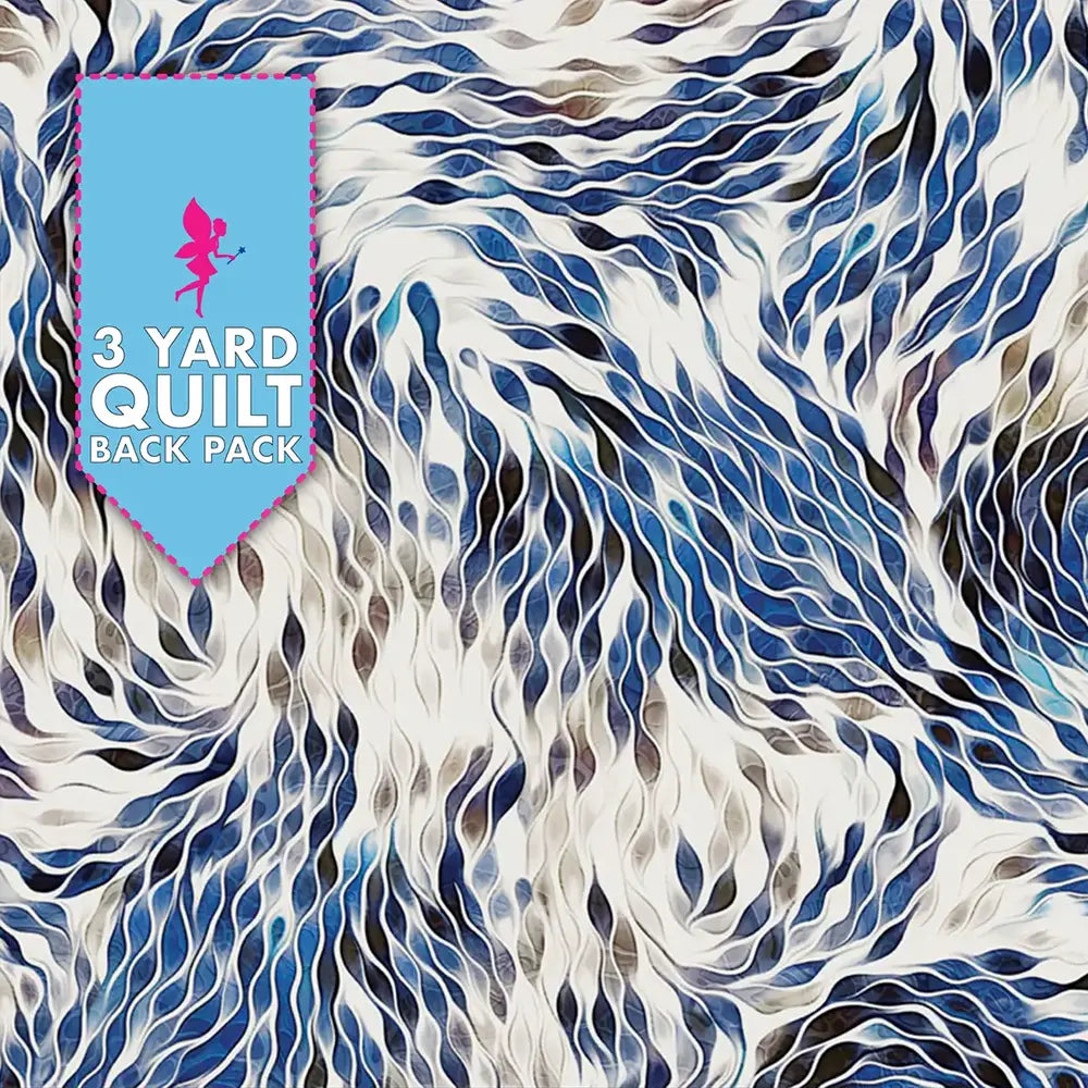 Vitality Blue 108" Wide 3 Yard Quilt Fabric Back Pack features an abstract pattern with swirling blue, white, gray, and black lines. A blue banner reads the product name, topped by a pink fairy. Soft 100% cotton—perfect for quilt backing.