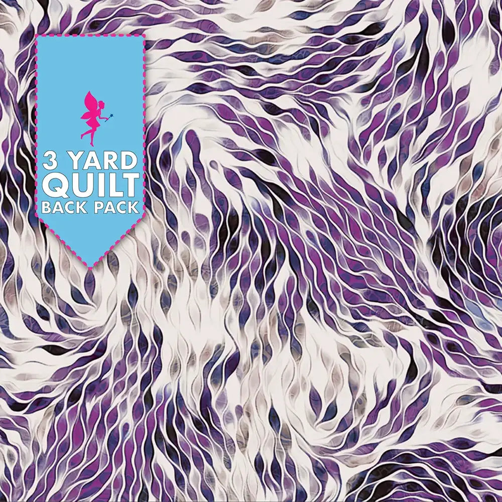 Abstract purple, white, and black wave pattern with a blue "3 Yard Quilt Back Pack" banner features the Vitality Purple 108" Wide Quilt Fabric—ideal for quilt backing or projects needing wide cotton fabric.
