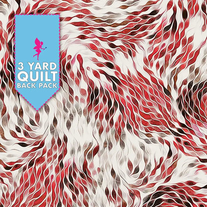 Vitality Red 108" Wide 3 Yard Quilt Fabric Back Pack features a wavy, abstract red, brown, and white design like flowing fabric—ideal for quilt backing. Blue upper left banner with fairy silhouette highlights the product name.