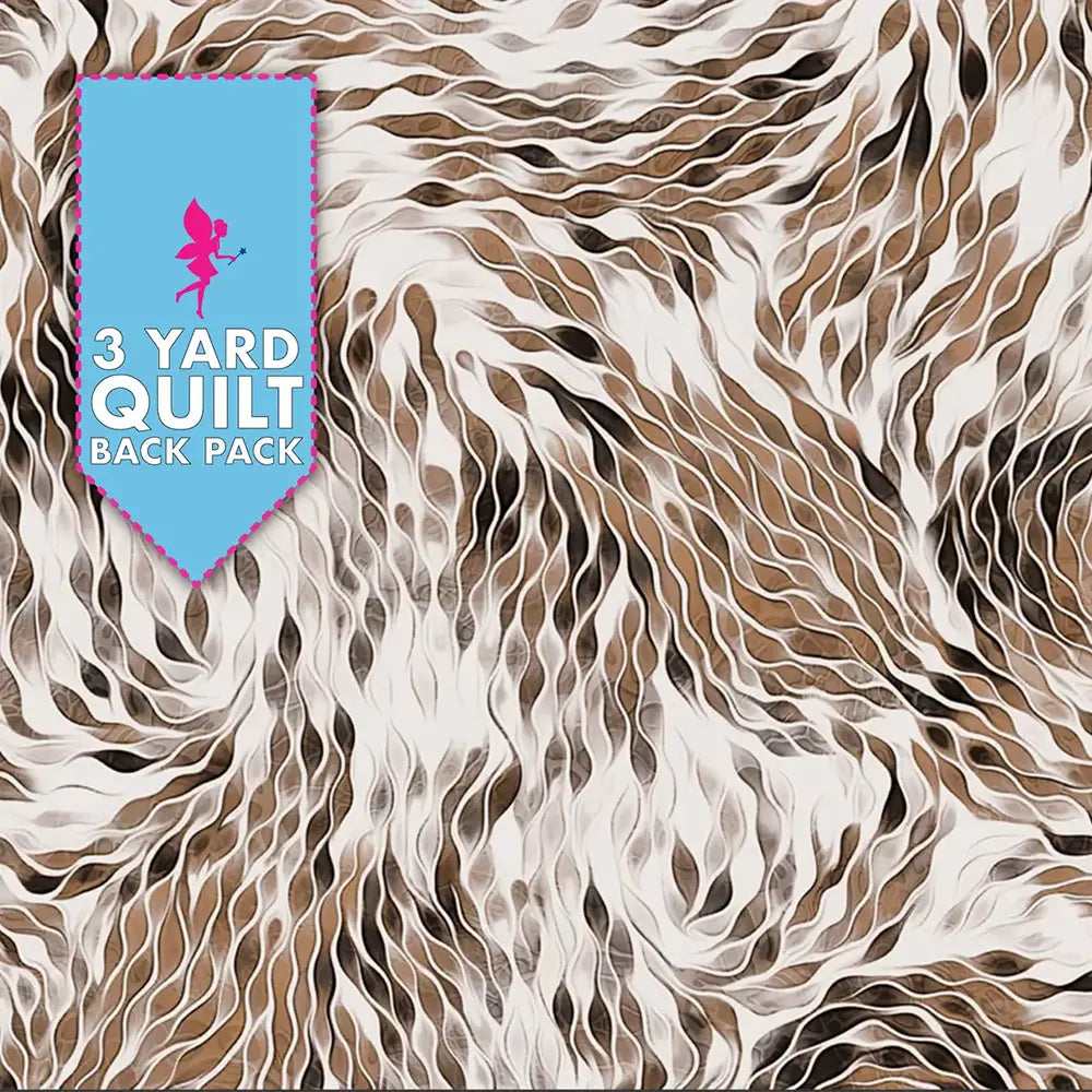 Vitality Brown 108" Wide 3 Yard Quilt Fabric Back Pack features an abstract wavy pattern in brown, cream, and white. A blue banner at the top left highlights its use for quilt backing, with a pink fairy silhouette above the text.