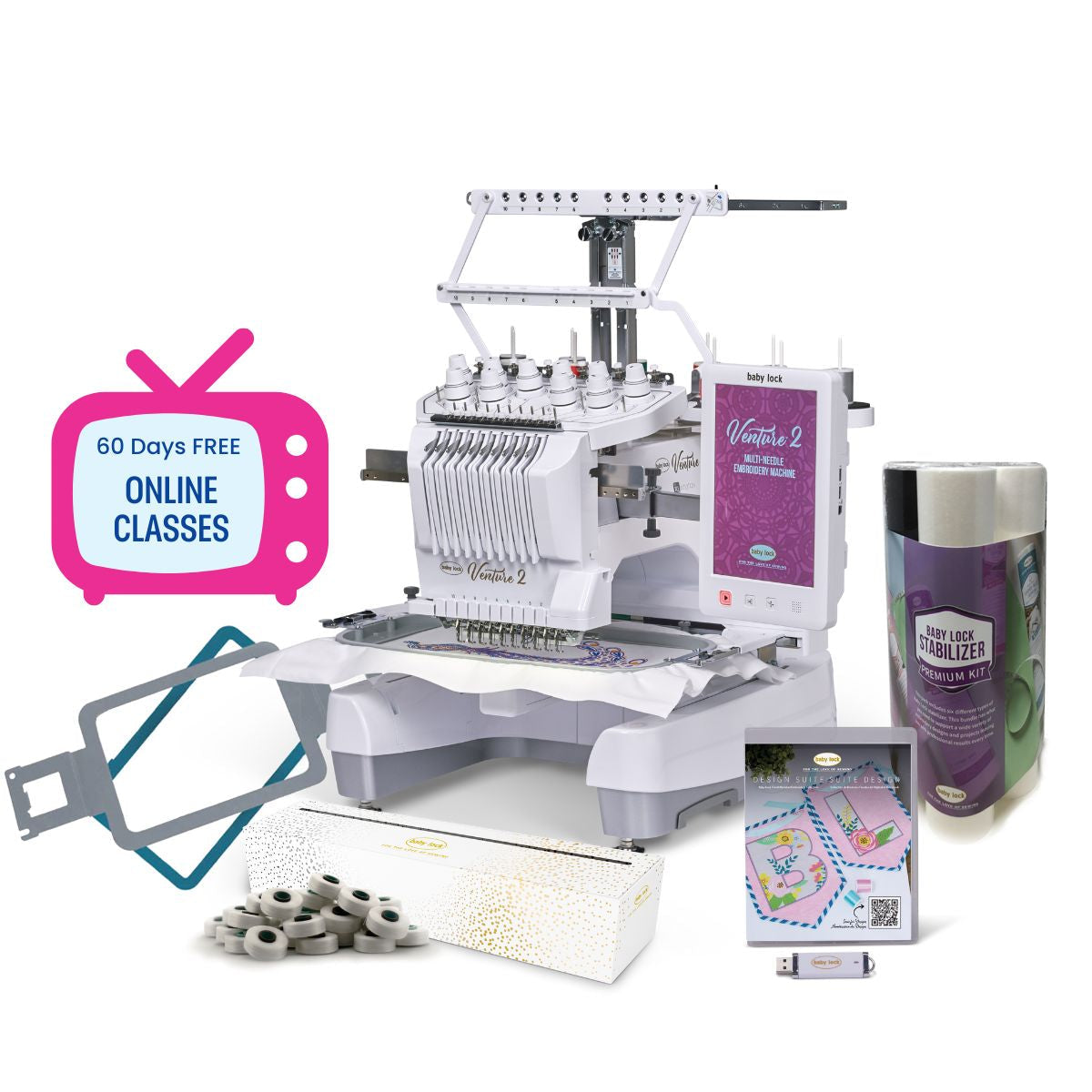 The Baby Lock Venture 2 Multi Needle Embroidery Machine is shown with thread, stabilizer, frame, bobbins, instruction cards, a Quilted Joy gift card, and a sign for 60 days of free online classes. Enjoy versatile 10-needle embroidery!.