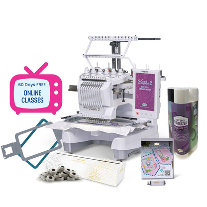 The Baby Lock Venture 2 Multi Needle Embroidery Machine is shown with thread, stabilizer, frame, bobbins, instruction cards, a Quilted Joy gift card, and a sign for 60 days of free online classes. Enjoy versatile 10-needle embroidery!.