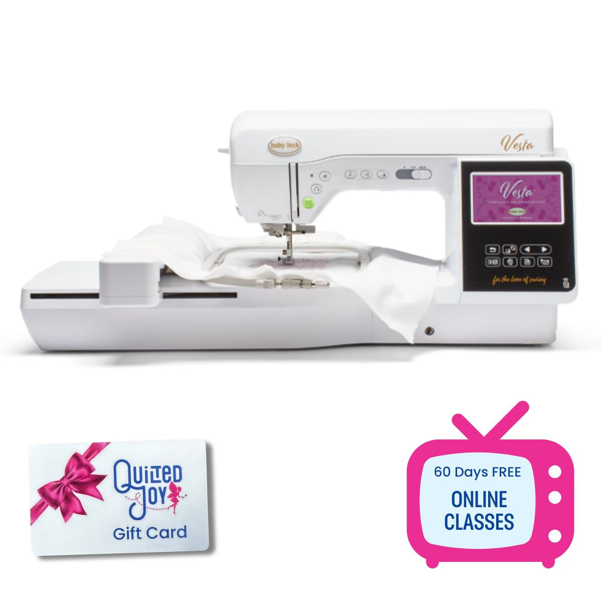A white Baby Lock Vesta Sewing & Embroidery Machine with fabric in the hoop, a Quilted Joy gift card, 60 days of free online classes, and a Black Friday Bonus Bundle.