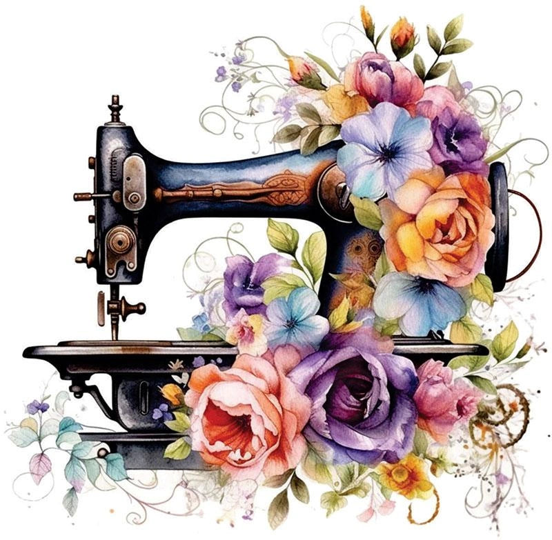 The Pakaroo Machine Flowers Panel 10.5" x 10.5" features a vintage sewing machine with colorful flowers and green leaves—ideal as a screen printed canvas or distinctive bag sewing panel fusing mechanical and natural style.