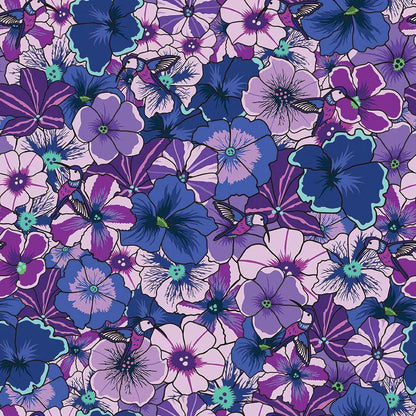 The Botanic Blast Purple Pansies 108" Wide Quilt Backing Fabric features a lively pattern of purple and blue flowers with hummingbirds, making it perfect for your next creative quilting project.