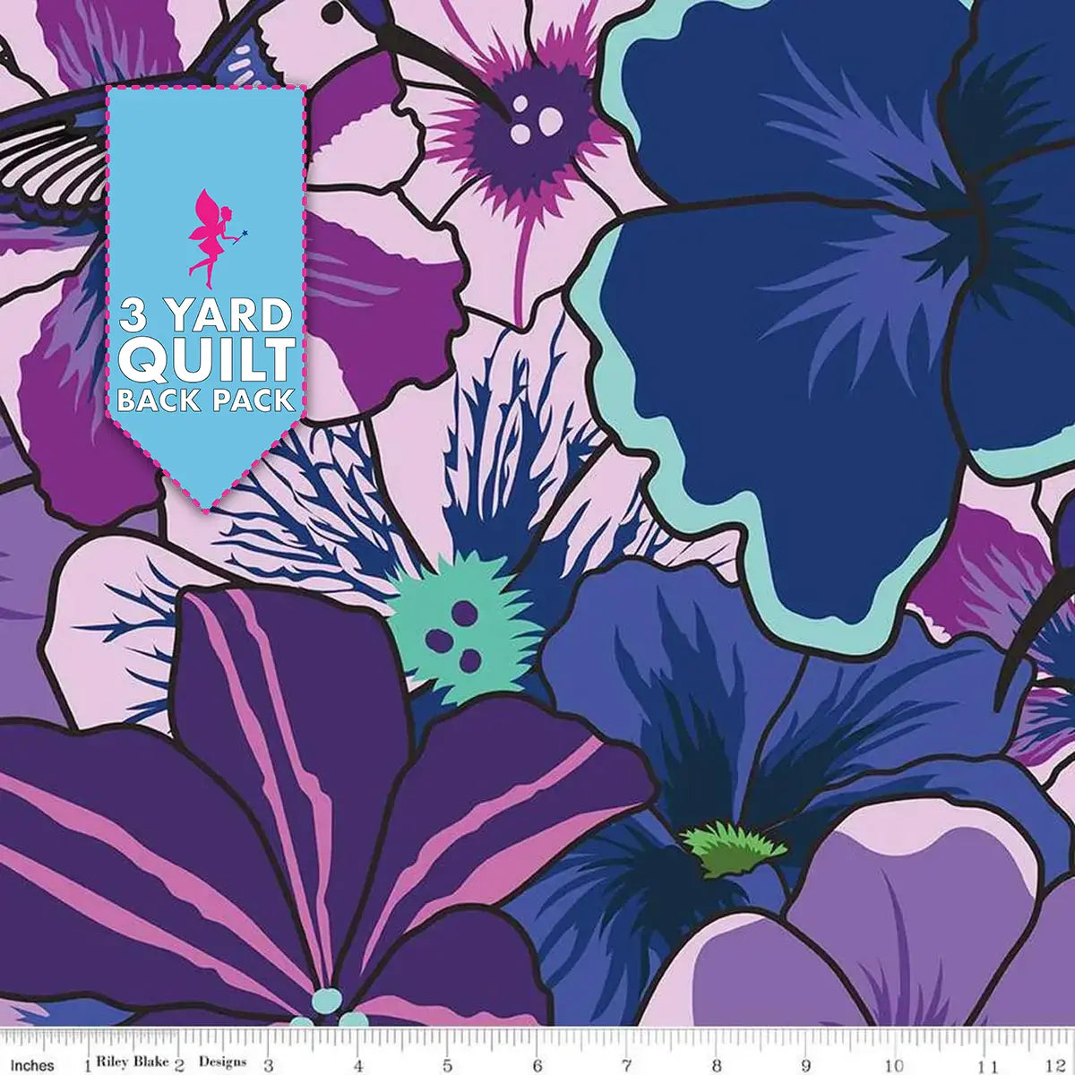The Botanic Blast Purple Pansies 108" Wide 3 Yard Quilt Fabric Back Pack features bold blue, purple, and pink blooms. A left-side blue banner states “3 Yard Quilt Back Pack,” with inch ruler along the bottom—ideal wide quilt backing fabric.