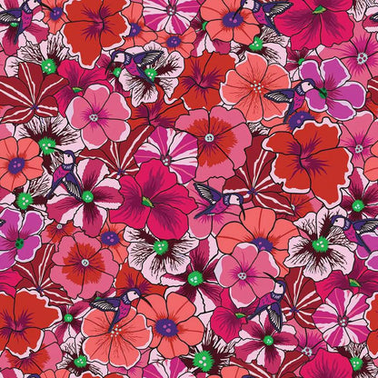A bold design of pink, red, and purple flowers with green centers and hummingbirds—perfect as Botanic Blast Red Pansies 108" Wide Quilt Backing Fabric by Riley Blake Designs.
