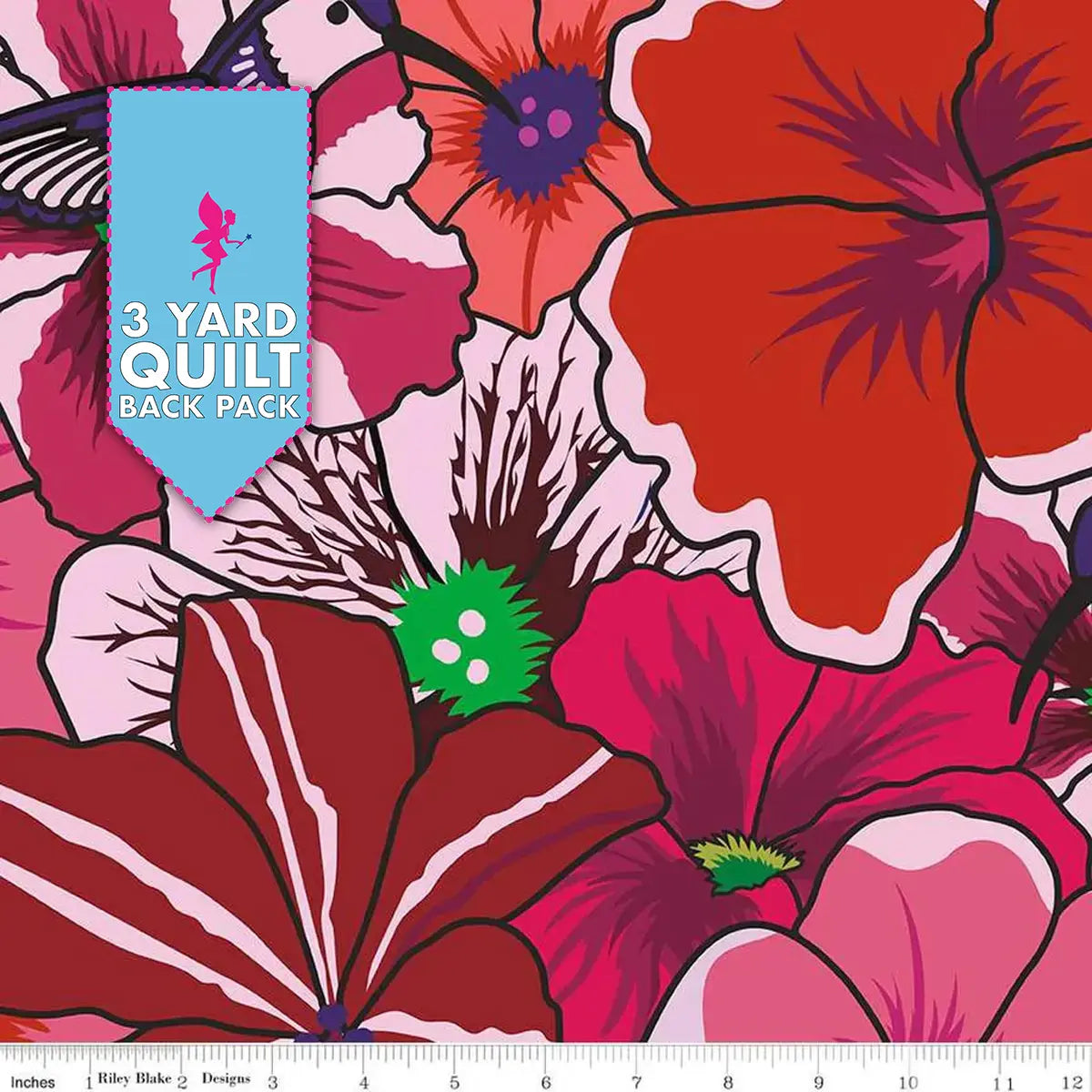 Botanic Blast Red Pansies 108" Wide 3 Yard Quilt Fabric Back Pack features a vibrant floral pattern with large red, pink, purple, and orange flowers—ideal for quilt backings. Includes a blue "3 Yard Quilt Back Pack" tag and inch ruler along the bottom edge.