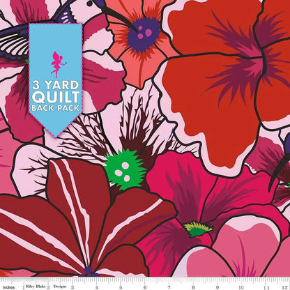 Botanic Blast Red Pansies 108" Wide 3 Yard Quilt Fabric Back Pack features a vibrant floral pattern with large red, pink, purple, and orange flowers—ideal for quilt backings. Includes a blue "3 Yard Quilt Back Pack" tag and inch ruler along the bottom edge.