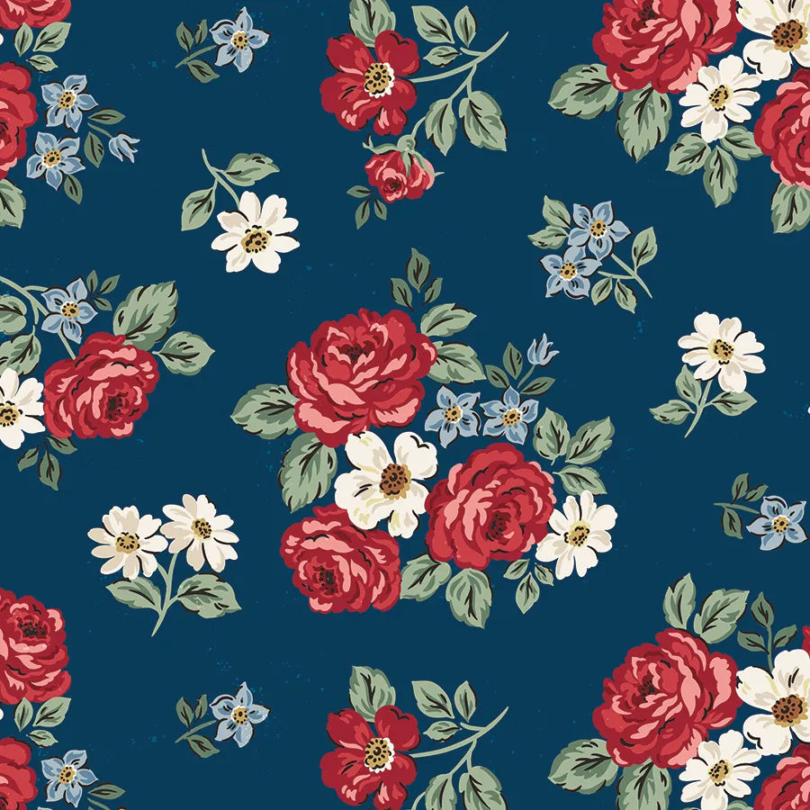 The Riley Blake Independence Floral Oxford 108" Wide Quilt Backing Fabric features a vintage-inspired seamless pattern of red, white, and blue flowers with green leaves on a dark blue background—perfect for wide quilt backs.