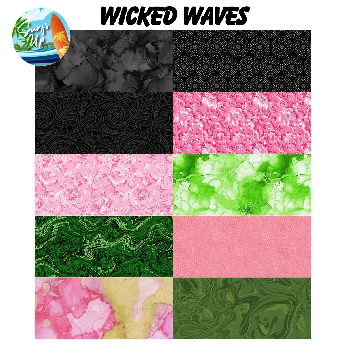 A grid of ten colorful, abstract-patterned fabric swatches—ideal for a mystery project—titled “Mystery Five-0 Mega Mystery Surfs Up Wicked Waves Fabric Bundle” by Quilted Joy, with the Surfs Up logo in the corner.