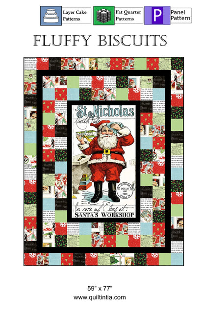 The Fluffy Biscuits Quilt Pattern by Checker Distributor features a vintage Santa Claus panel at the center, framed by festive red, green, black, and white squares. This beginner-friendly quilt design finishes at 59" x 77".
