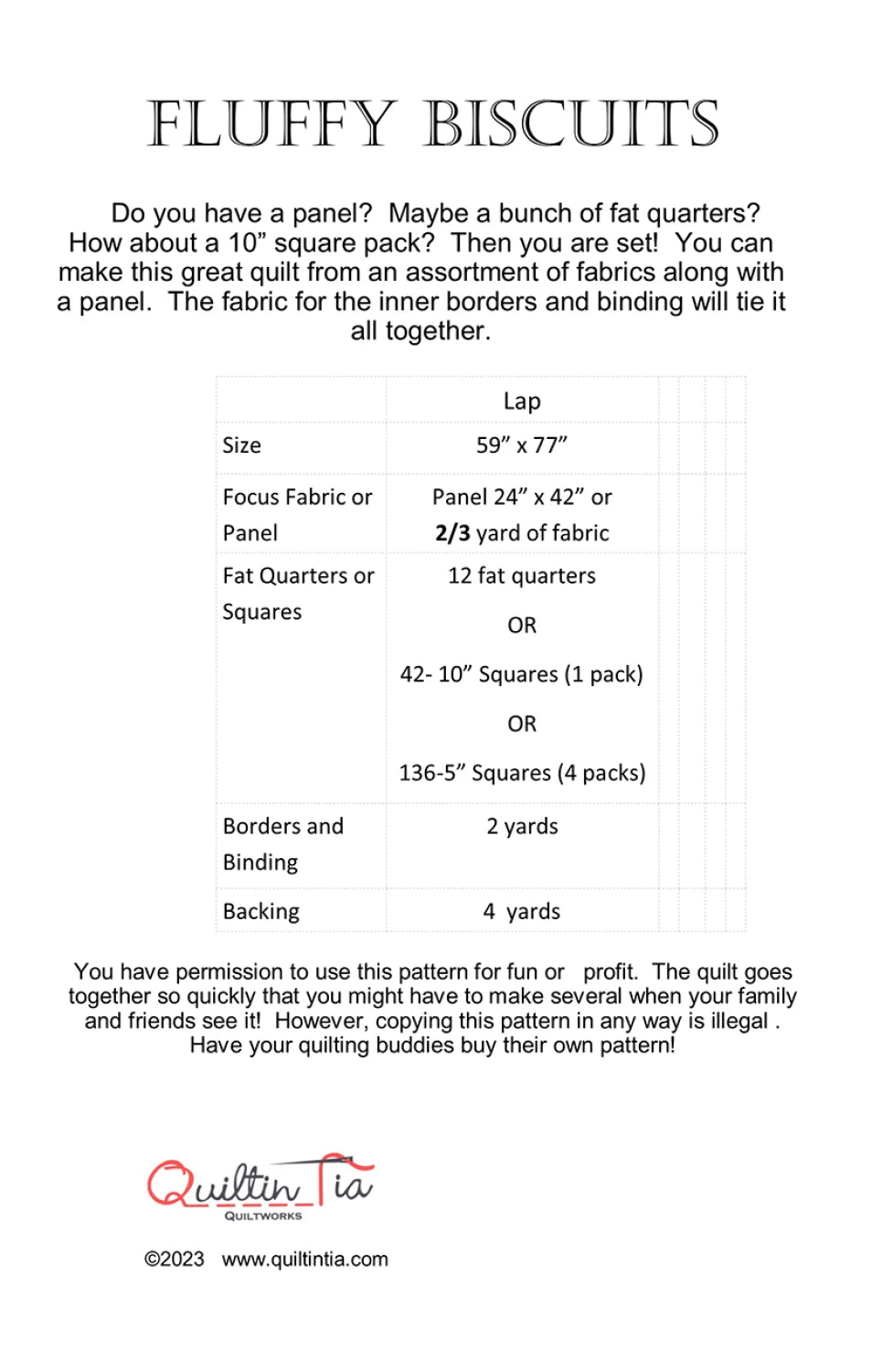 The Fluffy Biscuits Quilt Pattern by Checker Distributor is ideal for beginners, listing required fabric sizes and quantities, supplies, plus copyright and usage notes.