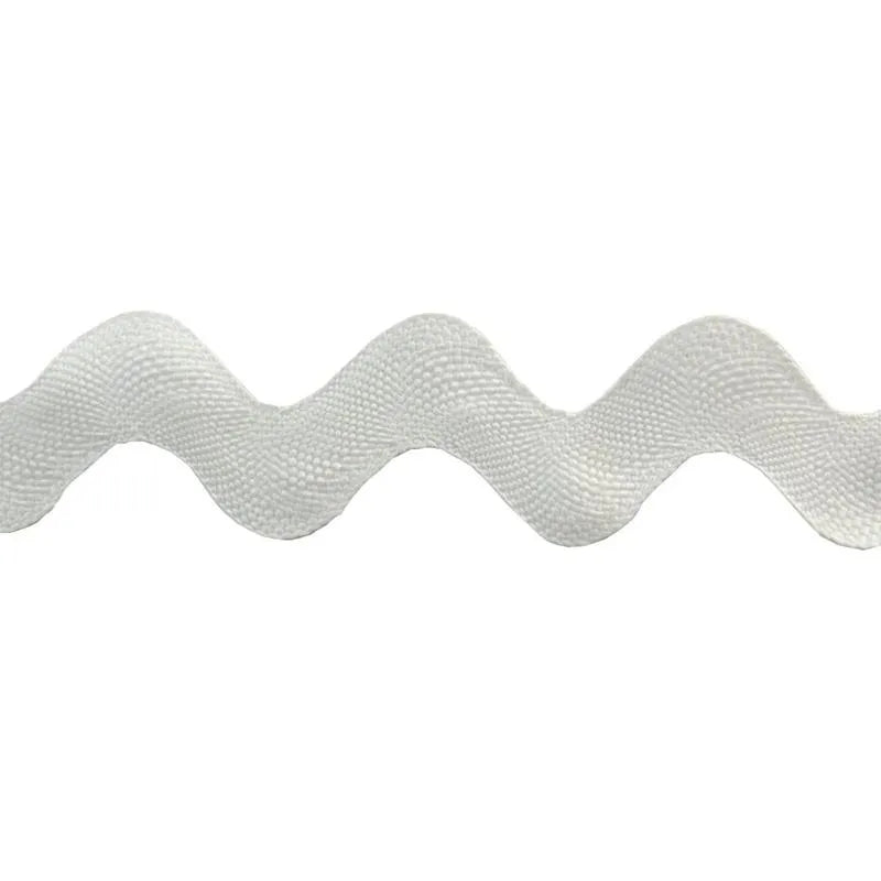 A close-up of Rick Rack 1-1/4" Wide, a white wavy ribbon with a textured surface, shown on a plain background—ideal for adding decorative flair to crafts or garment sewing projects.