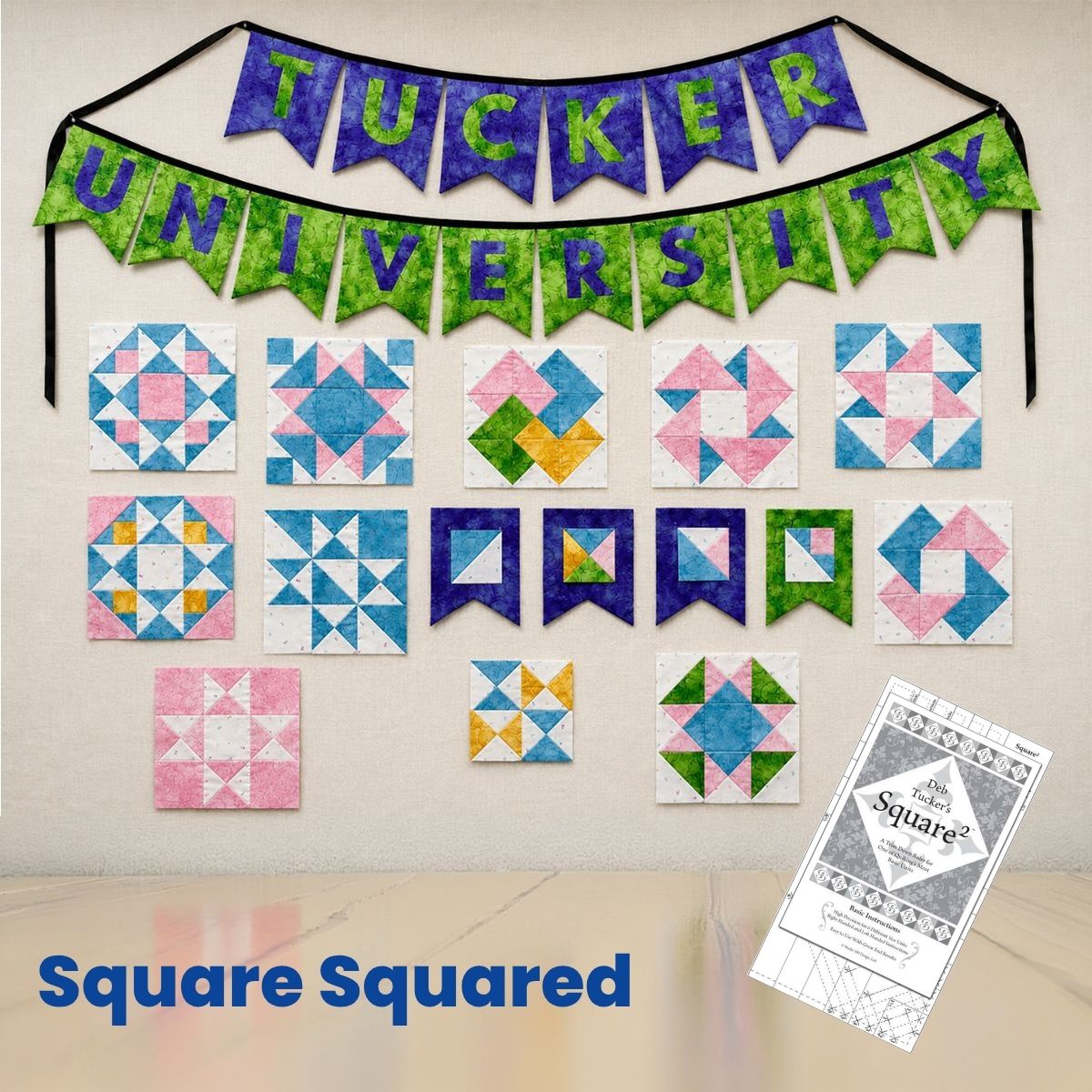 Tucker University Square Squared class with colorful quilt blocks wall display