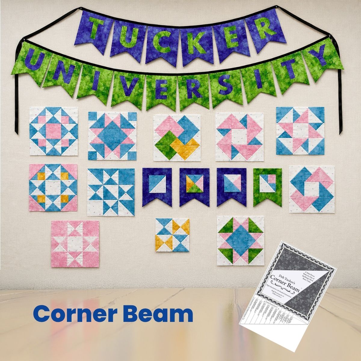 Tucker University Corner Beam quilting class with sample blocks display