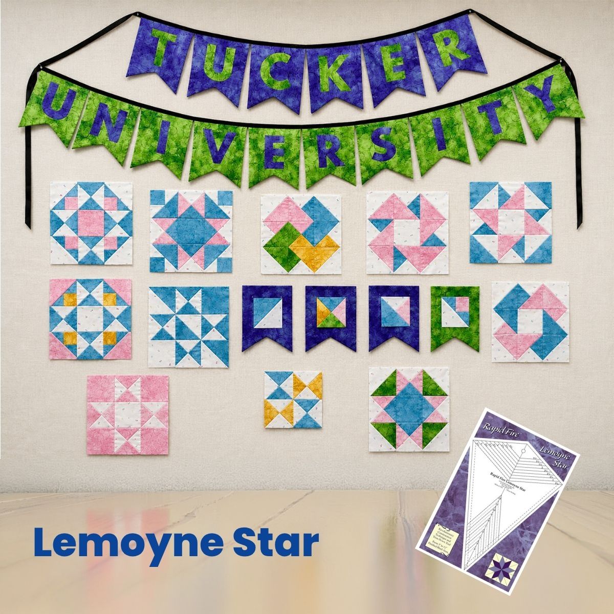 Tucker University Rapid Fire Lemoyne Star quilting class with sample blocks display