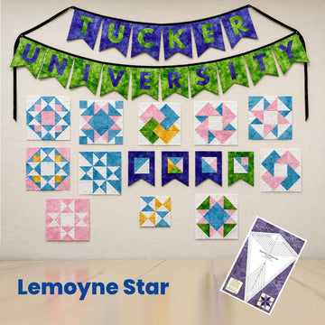 Tucker University Rapid Fire Lemoyne Star quilting class with sample blocks display