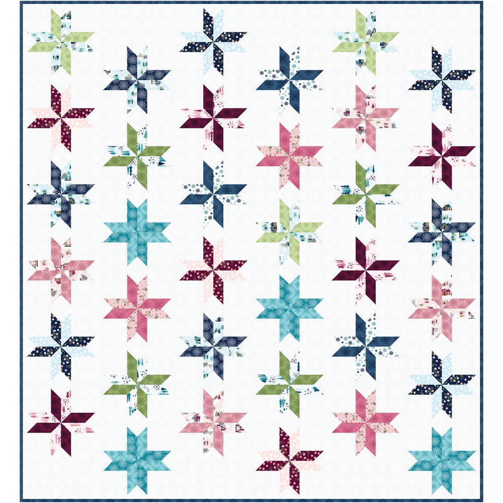 The Winter Sky Quilt Kit by Quilted Joy features rows of colorful eight-pointed stars, evenly spaced on a white background for a crisp, snowflake-inspired look.
