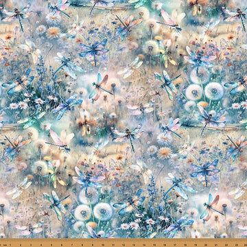 Wings Over Wildflowers Dusty Blue Dragonfly Fabric Yardage - quilt fabric for sewing and quilting projects