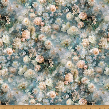 Wings Over Wildflowers Dusty Teal Flowers Fabric Yardage - quilt fabric for sewing and quilting projects