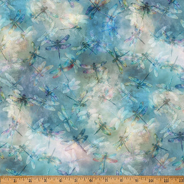 Wings Over Wildflowers Aqua Dragonfly Fabric Yardage - quilt fabric for sewing and quilting projects