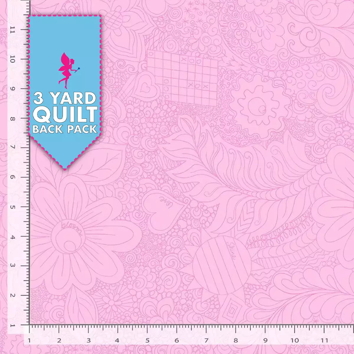 Doodle Floral Pink 108" Wide Quilt Backing Fabric, 3 Yard Quilt Fabric Back Pack, features intricate geometric floral designs. Includes ruler borders with inch measurements. Ideal as a quilt backing from Timeless Treasures.