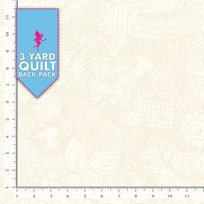 A cream Doodle Floral 108" wide quilt backing fabric with subtle geometric designs, shown with rulers. A blue banner reads "3 Yard Quilt Back Pack." Ideal as wide backing by Timeless Treasures.