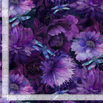 Dragonfly Mist Purple Floral with Dragonflies 108" Wide Quilt Backing Fabric features detailed purple flowers, blue dragonflies, and an inch ruler along the edges—ideal for showcasing pattern scale on quilt backs.