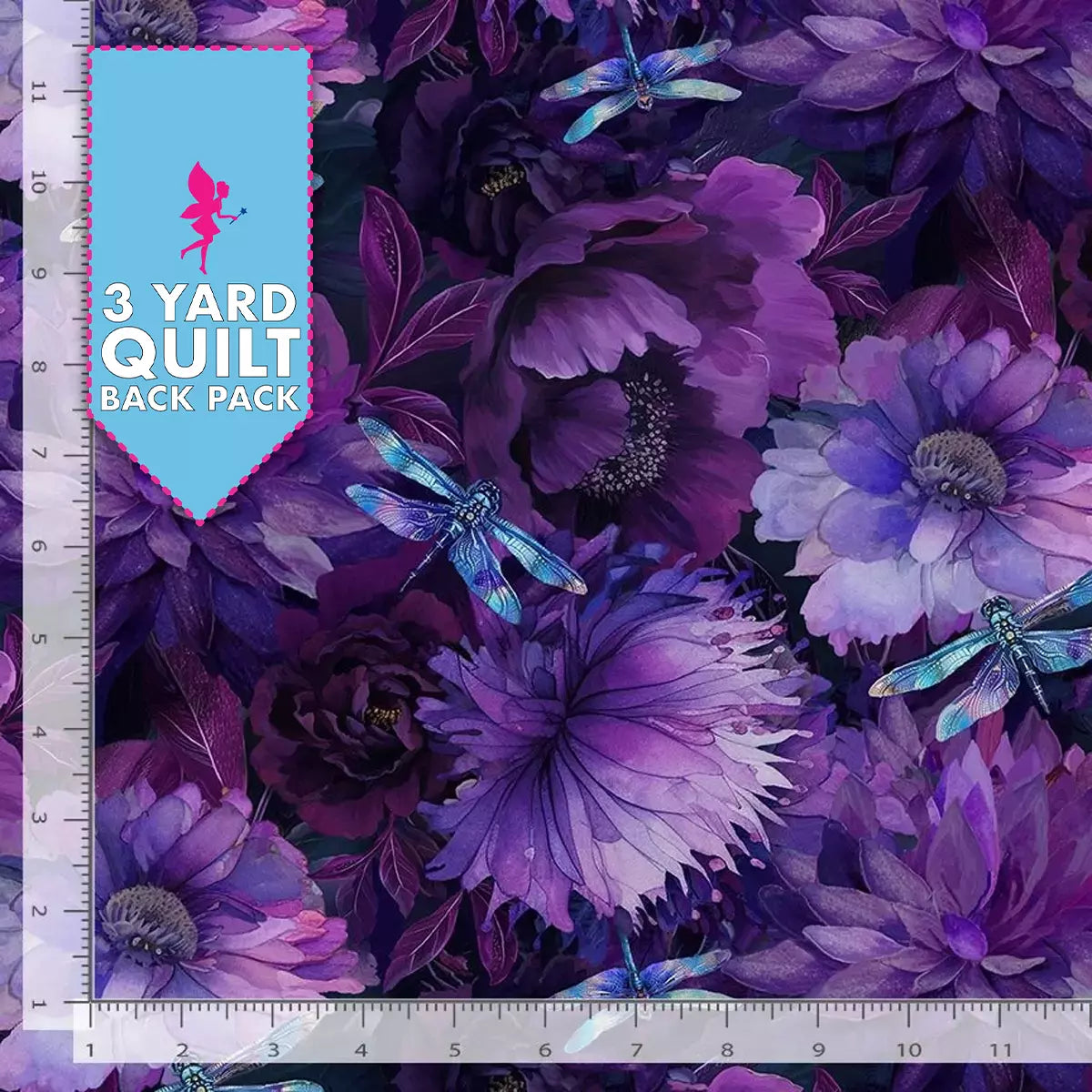 The Dragonfly Mist Purple Floral with Dragonflies 108" Wide 3 Yard Quilt Fabric Back Pack features a vibrant purple flower and blue dragonfly pattern, perfect for floral quilt backing. Banner and ruler with inch markings shown; pink fairy icon included.