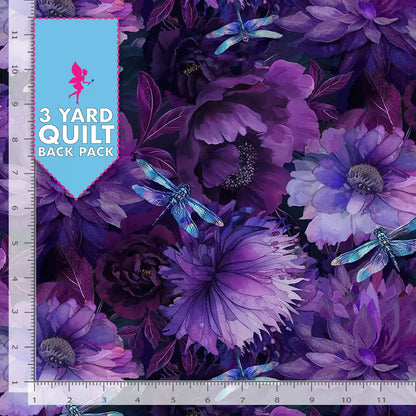 The Dragonfly Mist Purple Floral with Dragonflies 108" Wide 3 Yard Quilt Fabric Back Pack features a vibrant purple flower and blue dragonfly pattern, perfect for floral quilt backing. Banner and ruler with inch markings shown; pink fairy icon included.