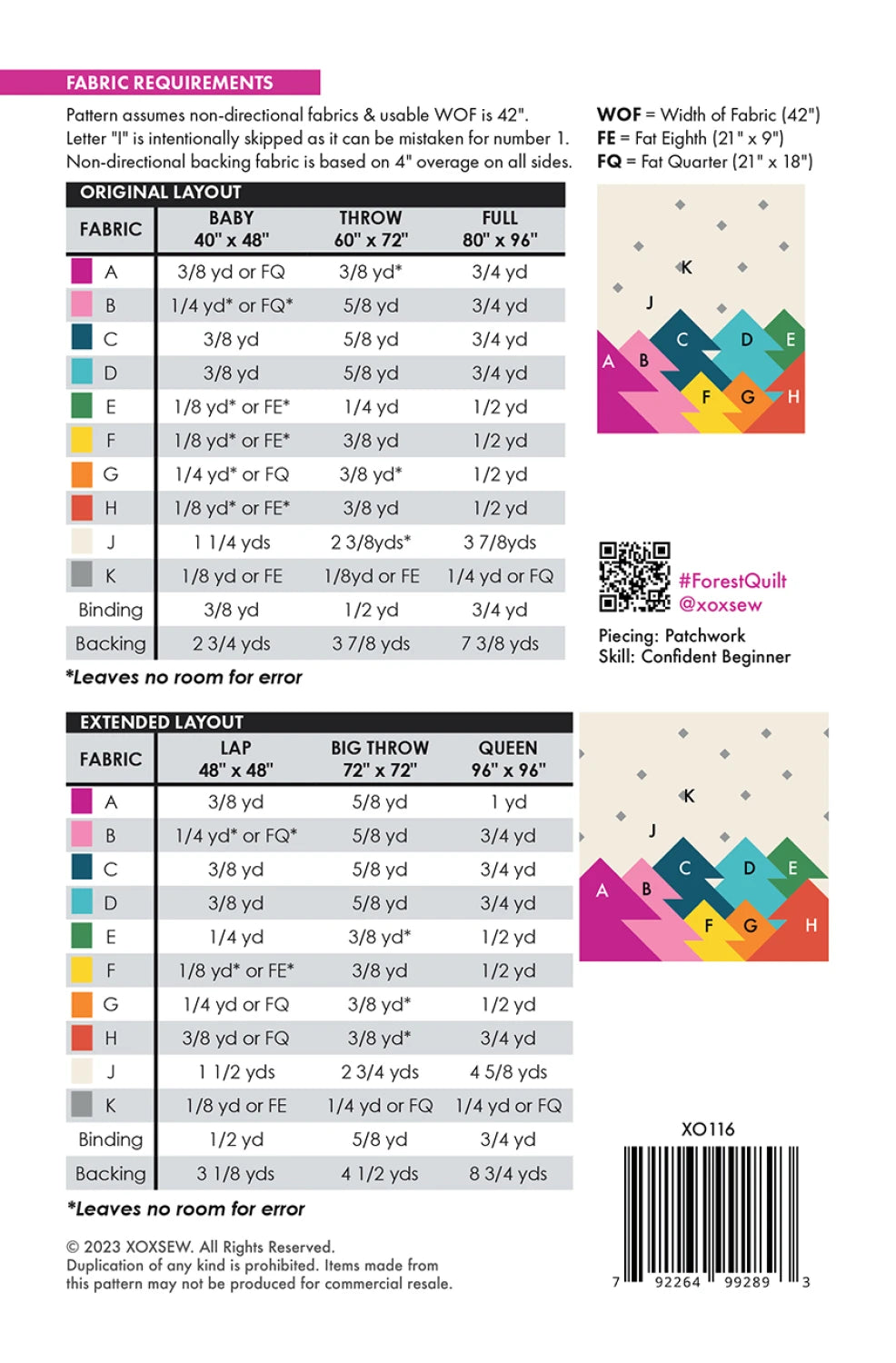 Forest Quilt Pattern fabric requirements chart by Checker Distributor details yardage for multiple quilt sizes and layouts, includes a color key, diagrams, pattern name, social media links, barcode, and extra project info.