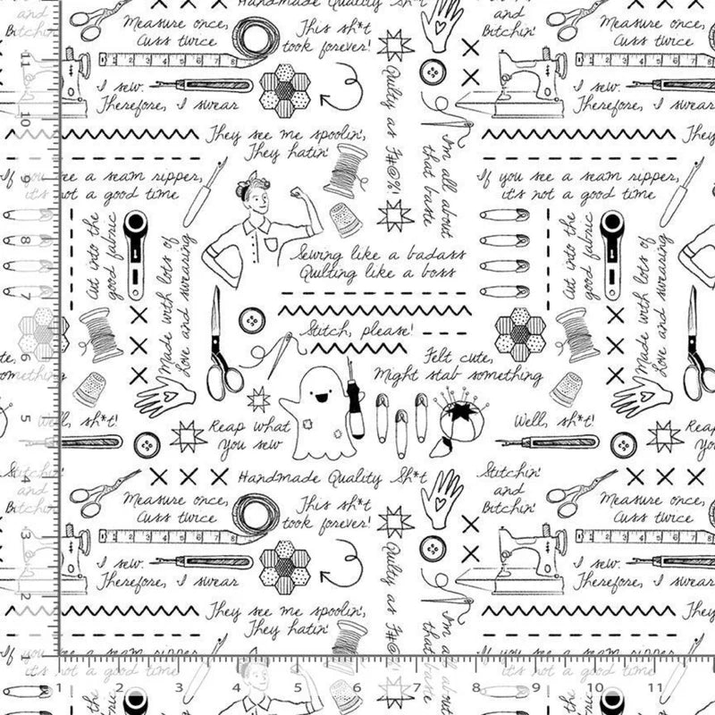 Sweary Stitching Graphics Black on White 108" Wide Quilt Backing Fabric