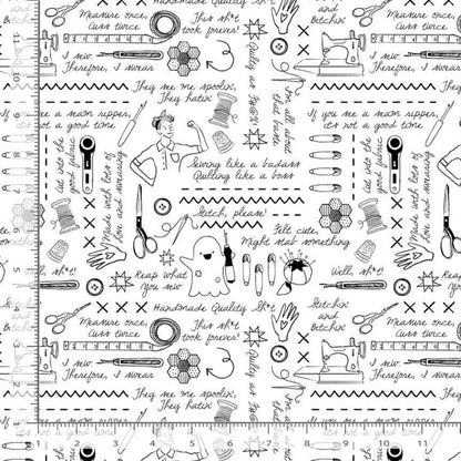 Sweary Stitching Graphics Black on White 108" Wide Quilt Backing Fabric