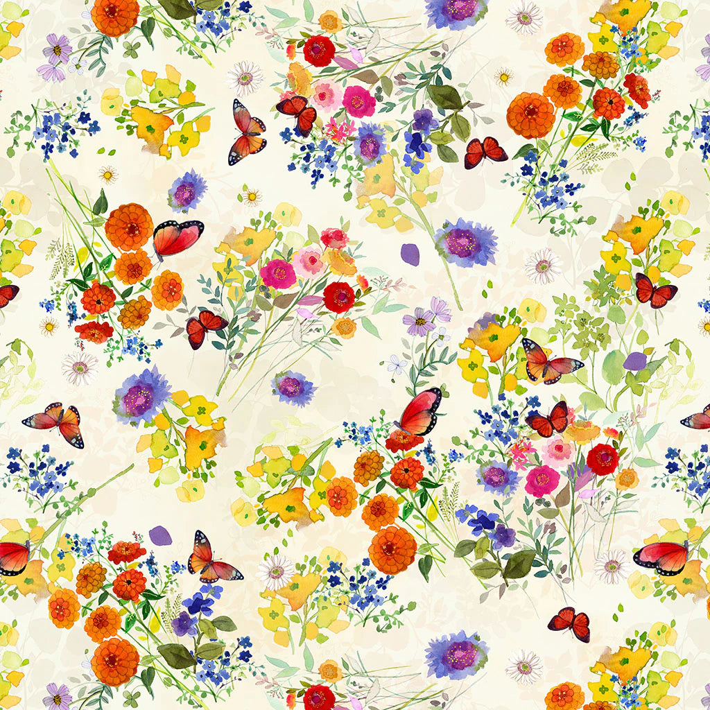 Fleur de Rose Light Cream Butterfly Garden Fabric Yardage - quilt fabric for sewing and quilting projects