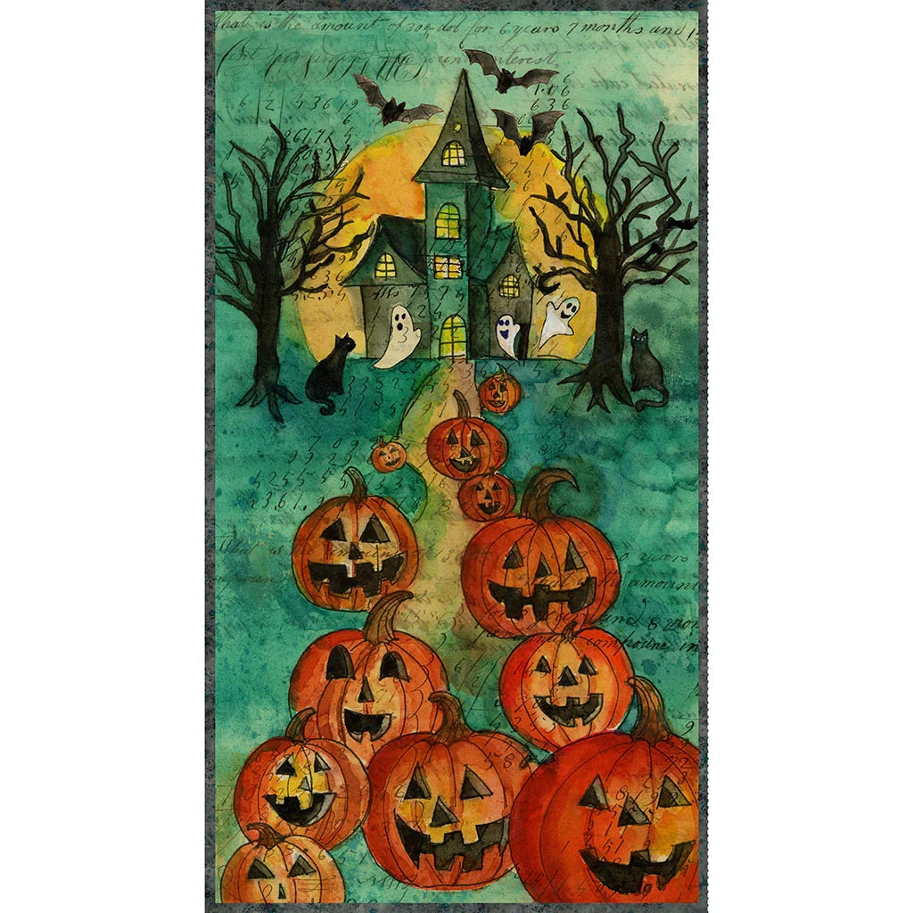 Emerald Hollow Haunted House Panel - quilt fabric panel for quilting projects
