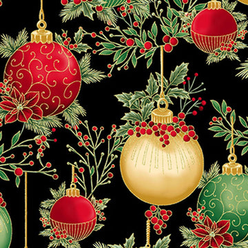 Christmas Wish Black Gold Ornaments Fabric Yardage - quilt fabric for sewing and quilting projects