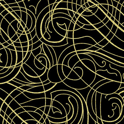 Christmas Wish Black Gold Scroll Fabric Yardage