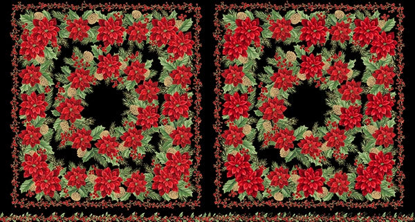 Christmas Wish Black Gold Poinsettia Double Panel - quilt fabric panel for quilting projects