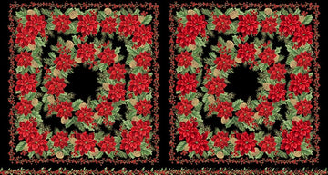 Christmas Wish Black Gold Poinsettia Double Panel - quilt fabric panel for quilting projects