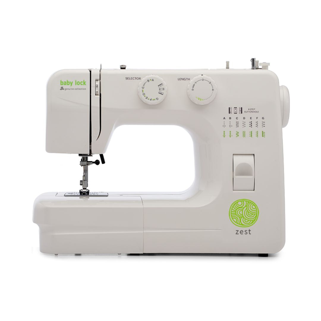 The Baby Lock Zest Sewing Machine is a compact, white model with green accents, two top control dials, and front stitch selection buttons. Its portable design is beginner-friendly, with the brand logo and model name featured on the side.