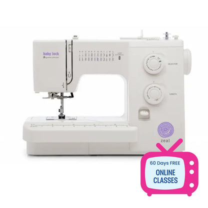 A white Baby Lock Zeal Sewing Machine by Baby Lock featuring multiple dials, controls, and an automatic needle threader. A pink TV icon in the bottom right corner says "60 Days FREE ONLINE CLASSES.
