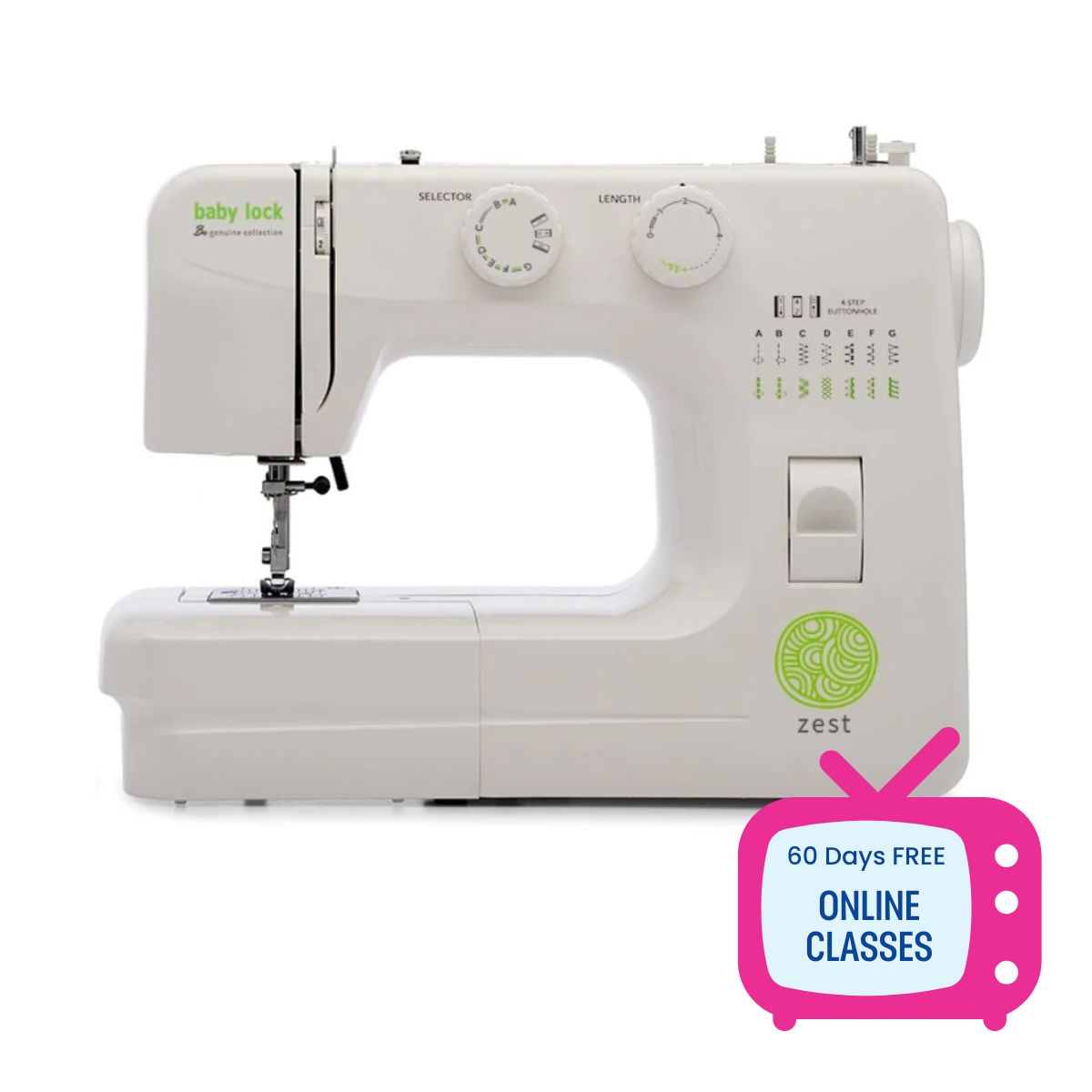 A white Baby Lock Joy Sewing Machine with green accents and a drop-in bobbin is shown. A pink TV icon in the bottom right corner displays “60 Days FREE ONLINE CLASSES.”.