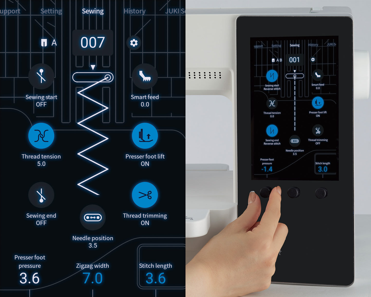 The sewing adjustment screen on the JUKI Hayate DX-4500QVP touchscreen, showing thread tension, presser foot pressure, stitch width and stitch length as adjustable values.